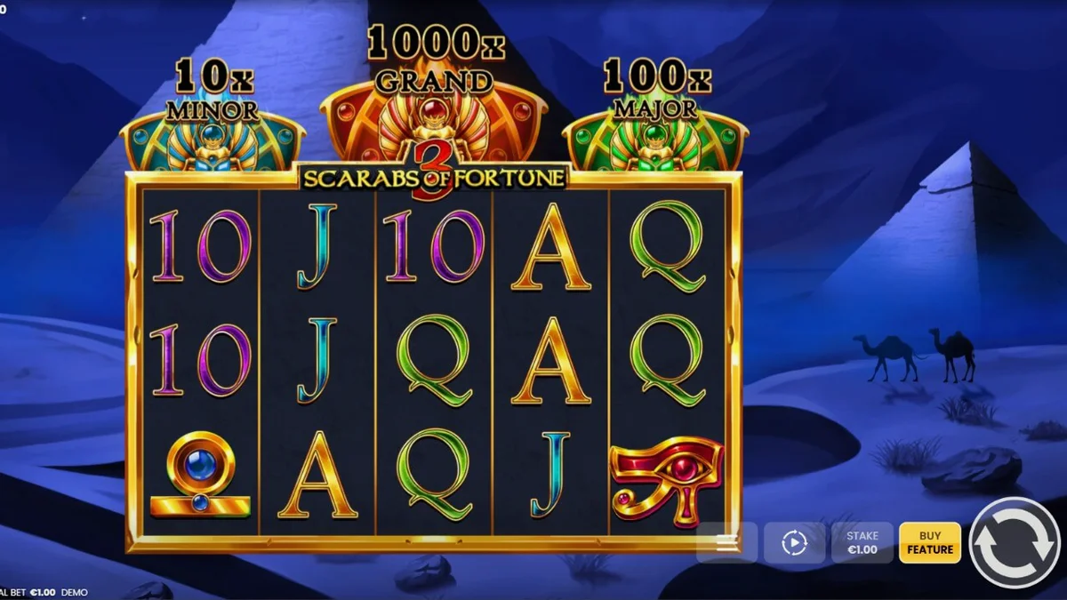 Tampilan visual slot 3 Scarabs of Fortune dengan tema Mesir Kuno